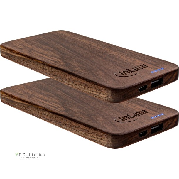 2pcs InLine&reg; USB PowerBank 5.000mAh woodplate with LED Display real walnut wood