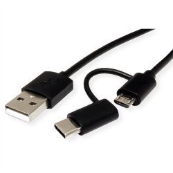 ROLINE Cable USB Micro B + Type C M/M to USB2.0 A M, OTG, black, 1 m
