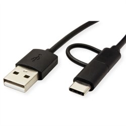 ROLINE Cable USB Micro B + Type C M/M to USB2.0 A M, OTG, black, 1 m