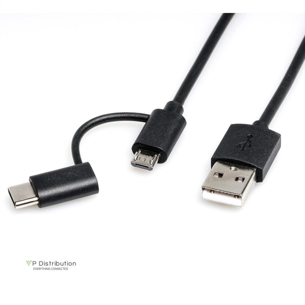 ROLINE Cable USB Micro B + Type C M/M to USB2.0 A M, OTG, black, 1 m