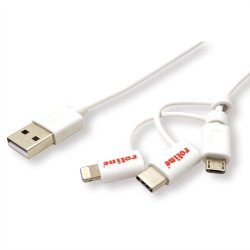 ROLINE 8pin + MicroB + Type C to USB Charge &amp; Sync Cable, white, 1 m