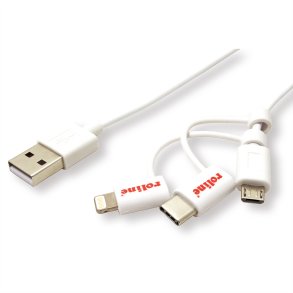 ROLINE 8pin + MicroB + Type C to USB Charge & Sync Cable, white, 1 m