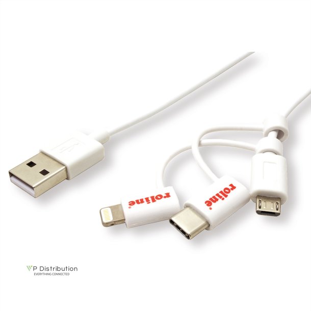 ROLINE 8pin + MicroB + Type C to USB Charge &amp; Sync Cable, white, 1 m