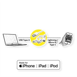 ROLINE 8pin + MicroB + Type C to USB Charge &amp; Sync Cable, white, 1 m