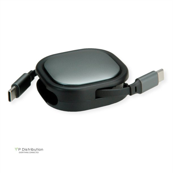 ROLINE USB 2.0 Retractable Cable Type C, 60W, C-C, M/M, black, 1.2 m