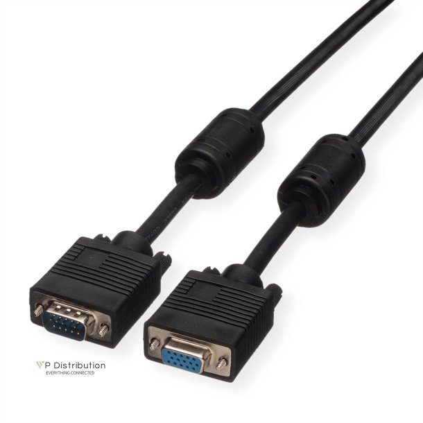 ROLINE HQ VGA Cable + Ferrite, HD15, M/F, 2 m