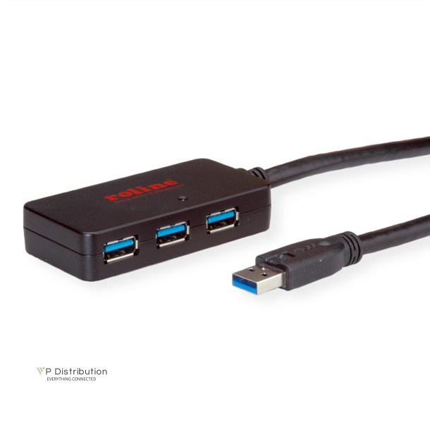 ROLINE USB 3.2 Gen 1 Hub, 4 Ports, with Repeater, black, 10 m