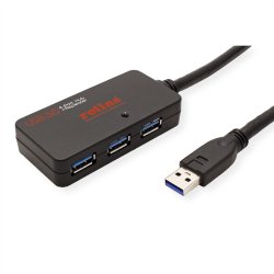 ROLINE USB 3.2 Gen 1 Hub, 4 Ports, with Repeater, black, 10 m