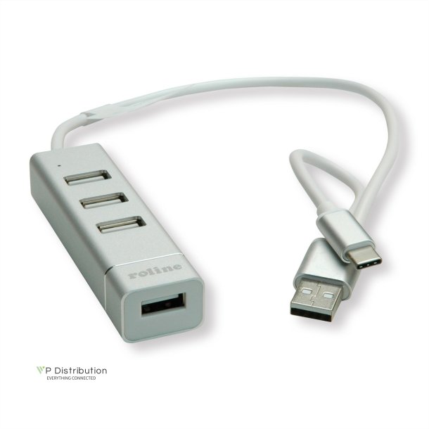 ROLINE USB 2.0 Notebook Hub, 4 Ports, Type A+C Connection Cable