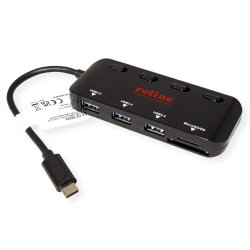 ROLINE USB 3.2 Gen 1 Hub, 3 Ports, Type C connection cable, with Card Reader, switchable