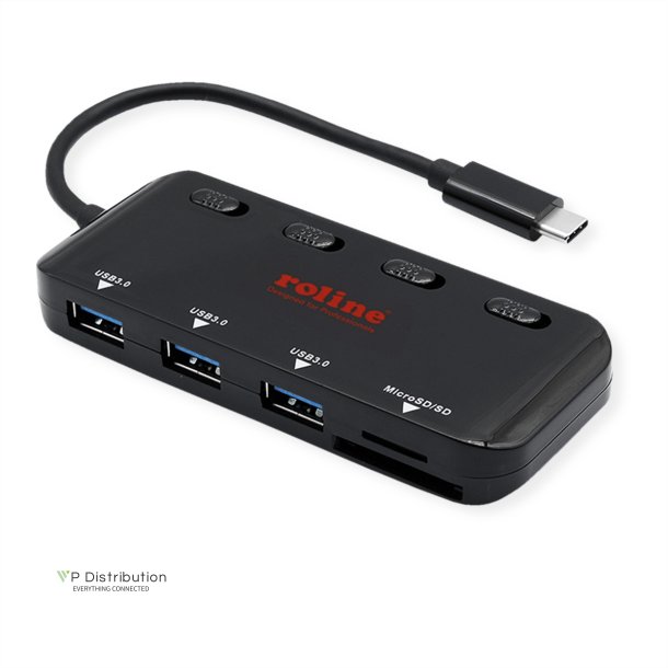 ROLINE USB 3.2 Gen 1 Hub, 3 Ports, Type C connection cable, with Card Reader, switchable