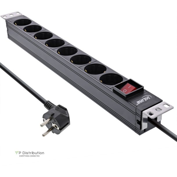 InLine&reg; 19" socket strip, 8-way earthing contact, with switch, 2m, black