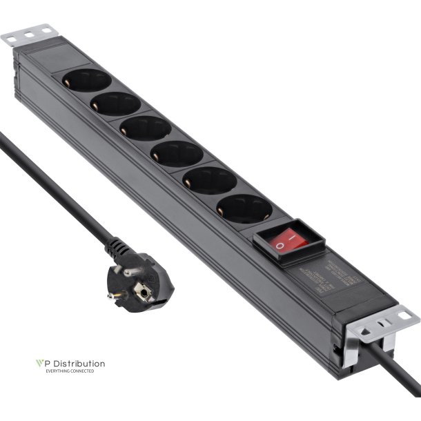 InLine&reg; 19" socket strip, 6-way protective contact, with switch, 2m, black