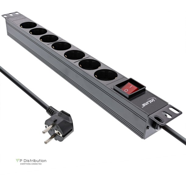 InLine&reg; 19" Socket strip, 7-way protective contact, with switch, 2m, black