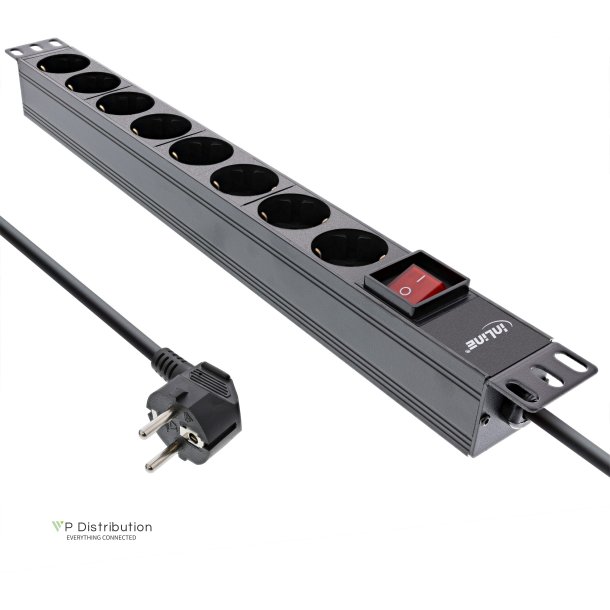 InLine&reg; 19" Socket strip, 9-way protective contact, with switch, 2m, black