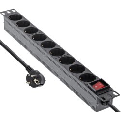 InLine&reg; 19" Socket strip, 9-way protective contact, with switch, 2m, black