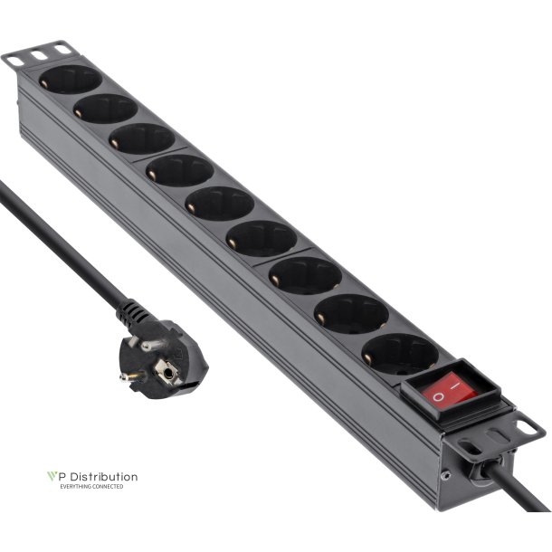 InLine&reg; 19" Socket strip, 9-way protective contact, with switch, 2m, black