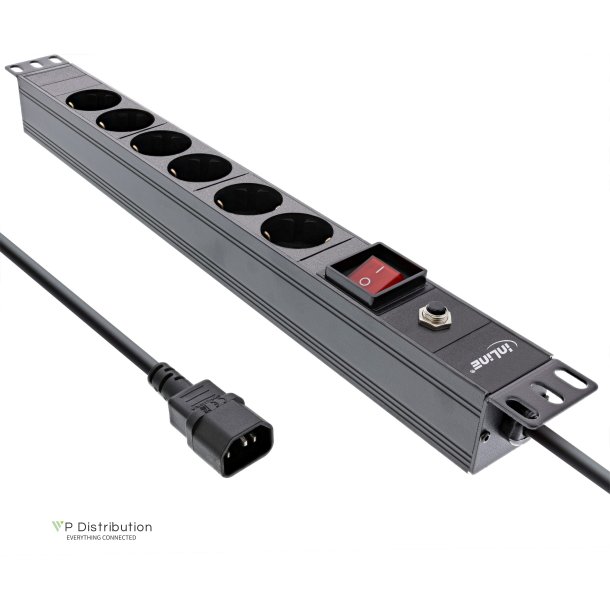 InLine&reg; 19" Socket strip, 6-way protective contact, C14 connection, overload protection, switch, 2m, black