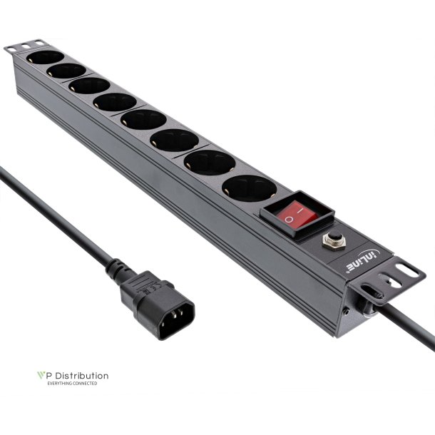 InLine&reg; 19" socket strip, 8-way CEE7/7, C14 plug, overload protection