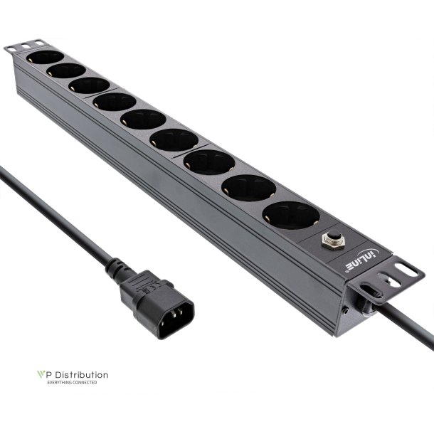 InLine&reg; 19" socket strip, 9-way protective contact, C14 plug, overload protection