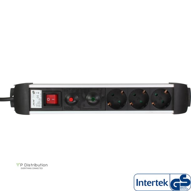 InLine&reg; Socket Strip, Aluminum, 3-way with protection, switch, 1.5m