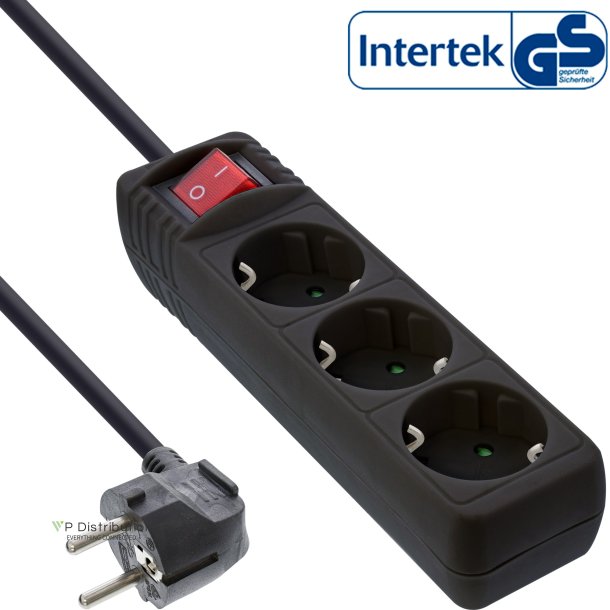 InLine&reg; Socket strip, 3-way earth contact CEE 7/3, with switch, black, 3m