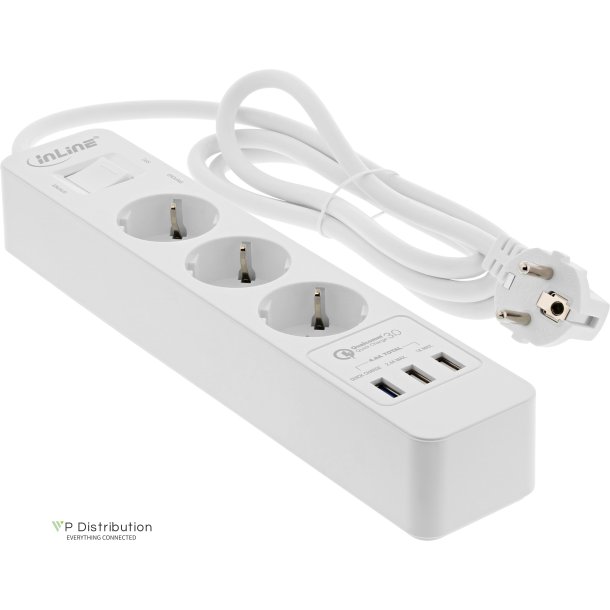 InLine&reg; Socket strip, 3-way CEE 7/3, with protection and USB QC3.0, white