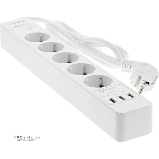 InLine&reg; Socket strip, 5-way CEE 7/3, with protection and USB QC3.0 white