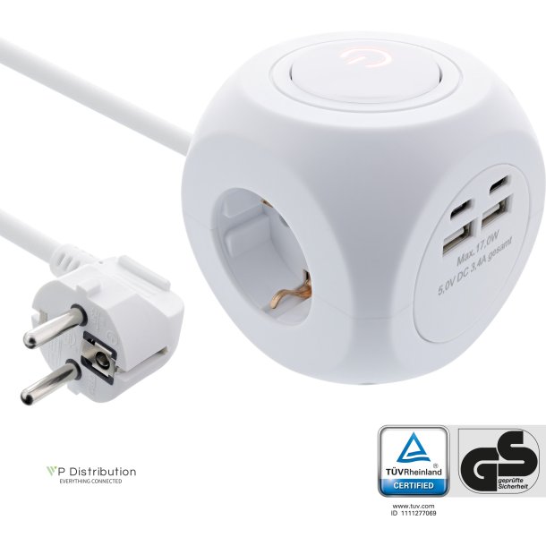 InLine&reg; Charging Cube, 3x earthing contact, 2x USB-C, 2x USB-A, white, 2m