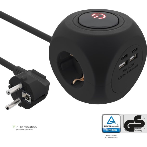 InLine&reg; Charging Cube, 3x earthing contact, 2x USB-C, 2x USB-A, black, 2m