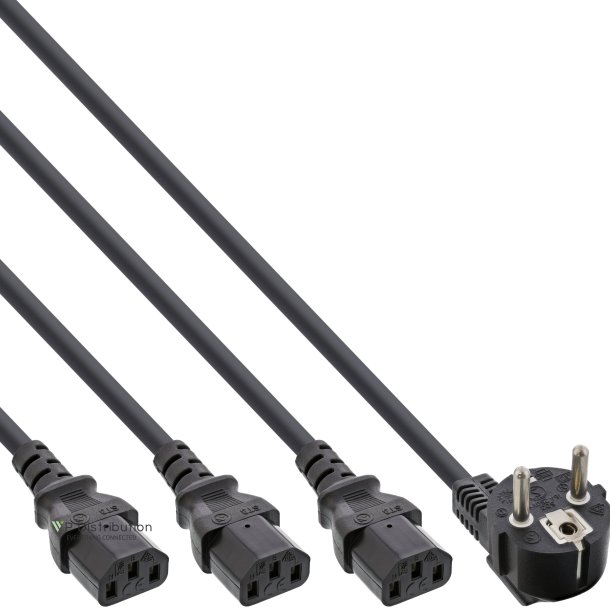 InLine&reg; Y-Power Cable 1x Type F German Plug to 3x IEC Plug black, Version 3 (2m+1/3/2m)