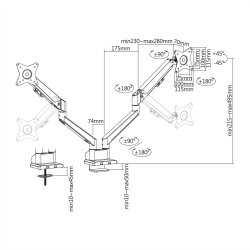 ROLINE Dual LCD Monitor Stand Pneumatic, Desk Clamp, Pivot, 2 Joints, silver