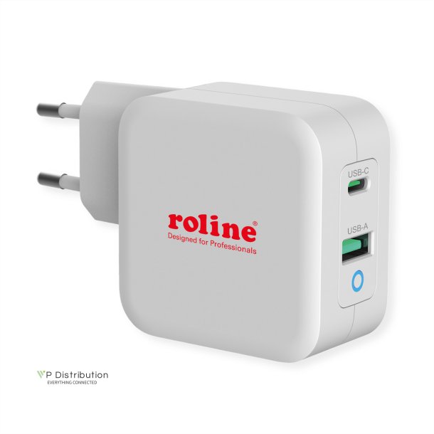 ROLINE USB Wall Charger Euro Plug, 2 Ports, 1x QC3.0 + 1x C (PD), 65W