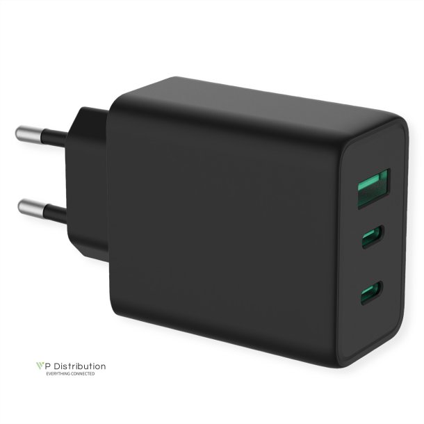 VALUE Wall Charger 3-Port, PD/QC, GaN, 2x C + 1x A, 65W