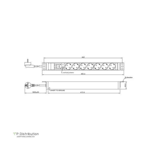 VALUE 19" 1UH, PDU 7 - way Socket, 45, with overload protector, 3m