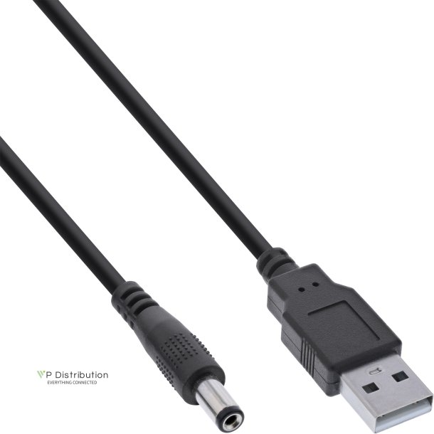 InLine&reg; USB DC power adapter cable, USB A male plug to DC plug 5.5x2.10mm, black, 1m