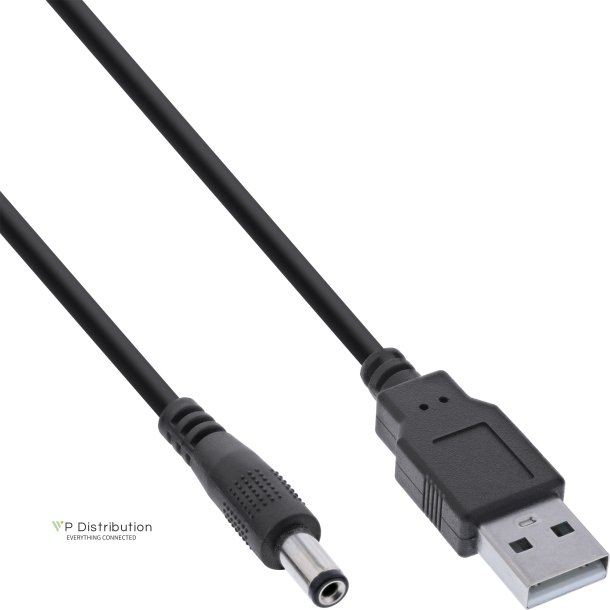 InLine&reg; USB DC power adapter cable, USB A male plug to DC plug 5.5x2.50mm, black, 1m