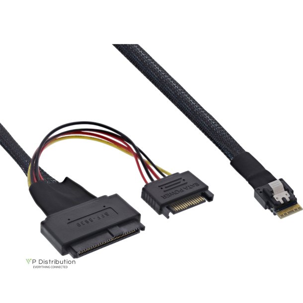 InLine&reg; Slim SAS cable, SFF-8654 to U.2 SFF-8639 + SATA power, 24Gb/s, 0.5m