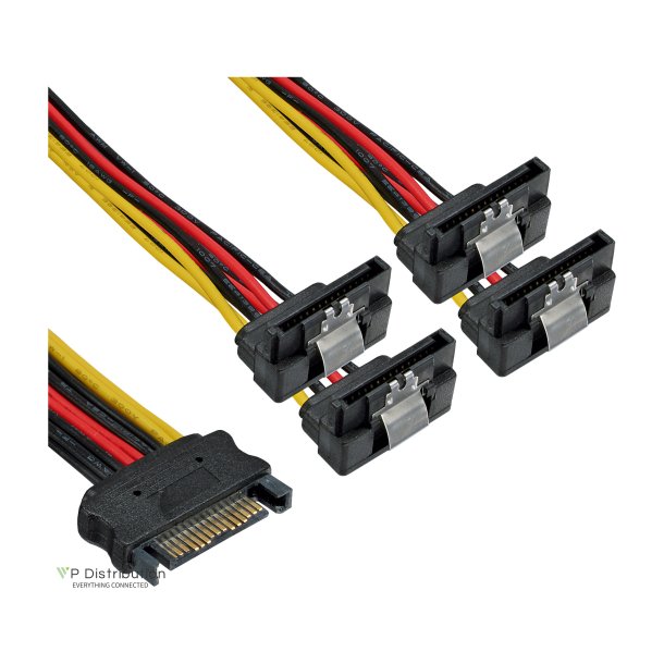 InLine&reg; SATA Power 1 to 4 Cable Socket to 4x SATA plug angled with latches 0.15m