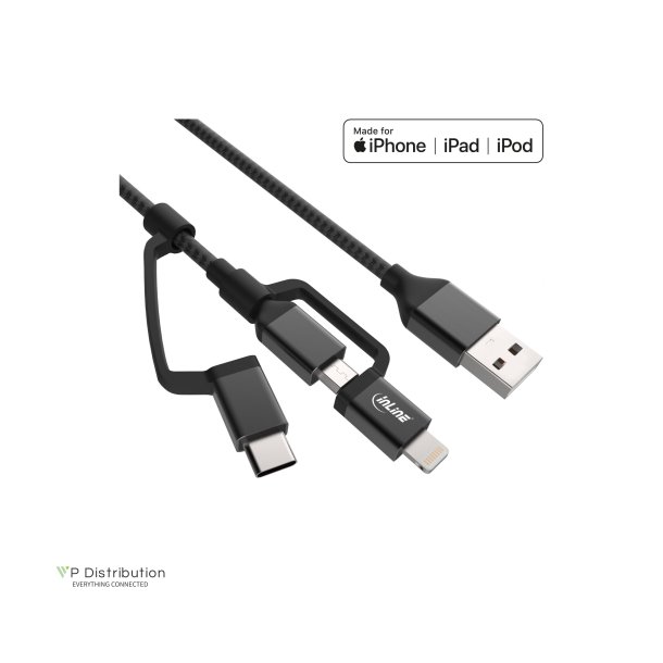 InLine&reg; 3-in-1 USB Cable, USB AM to Micro-USB + USB Type-C + Lightning, black/aluminium, 1.5m MFi-Certified