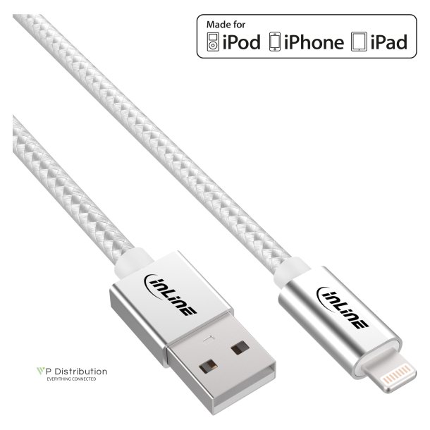 InLine&reg; Lightning USB Cable for iPad iPhone iPod silver 1m MFi-Certified