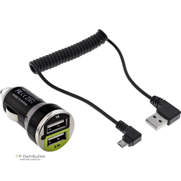 InLine&reg; USB DUAL+ KFZ charging set, power adapter with 1m spiral cable