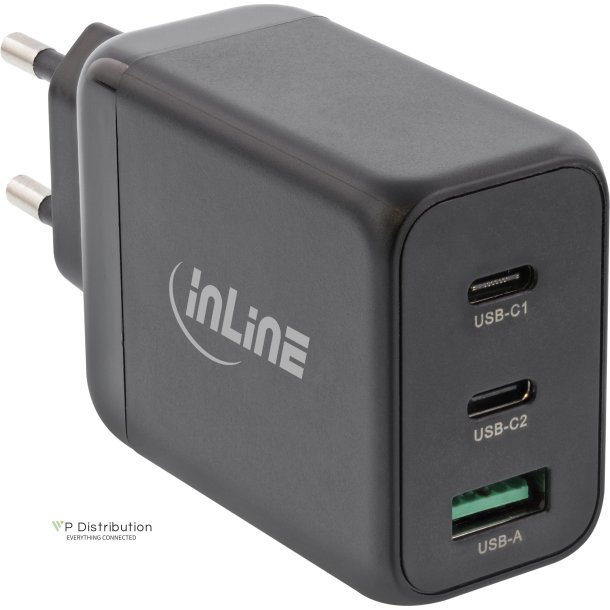 InLine&reg; USB PD power supply, GaN charger, 3-port, Dual USB-C + USB-A, 65W