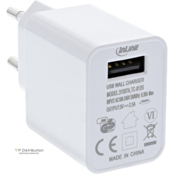 InLine&reg; USB Power Adapter Single, 100-240V to 5V/2.5A, white