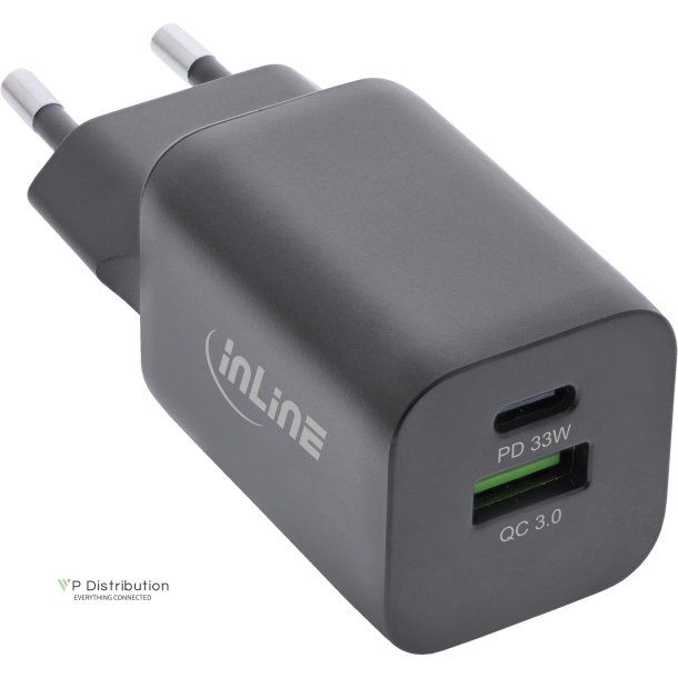 InLine&reg; USB power supply, charger, USB-A + USB Type-C, 33W, Power Delivery + Quick Charge