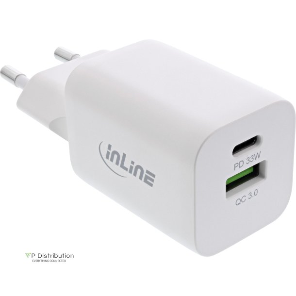 InLine&reg; USB power supply, charger USB-A + USB-C, 33W, PD + QC, white