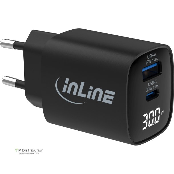 InLine&reg; USB PD power supply, GaN charger, 2-port, USB-C + USB-A, 30W, w/ display