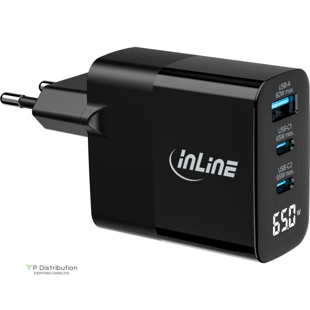 InLine&reg; USB PD power supply, GaN charger, 3-port, USB-C + USB-A, 65W, w/ display