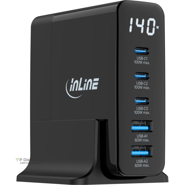 InLine&reg; USB PD power supply, GaN charger, 5-port, USB-C + USB-A, 140W, w/display