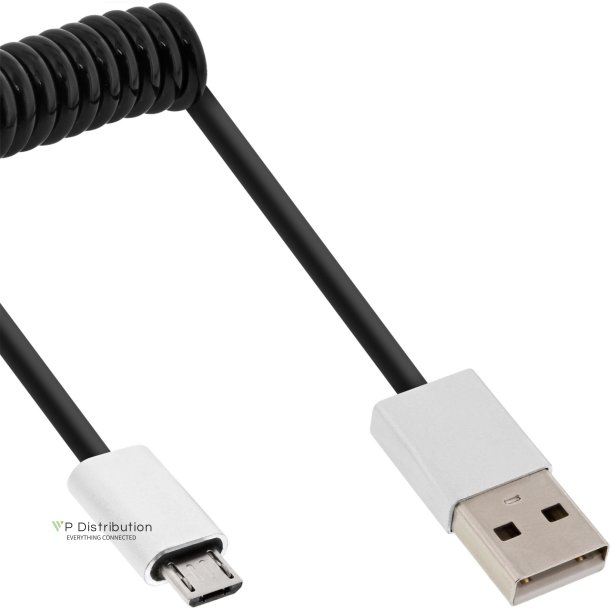 InLine Micro-USB 2.0 spiral cable, USB-A plug to Micro-B plug, black/alu, flexible, 3m